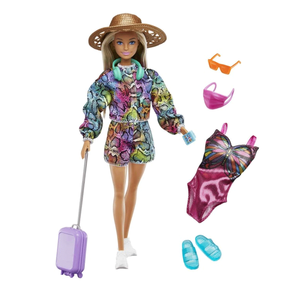 barbie travel doll blonde with puppy opening suitcase